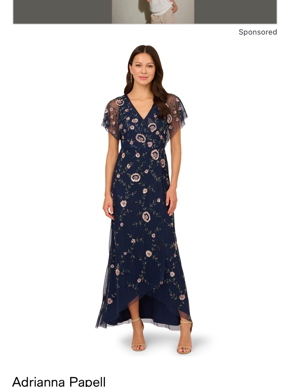 Adrianna Papell Navy Floral Embroidered V-Neck High-Low Maxi Dress